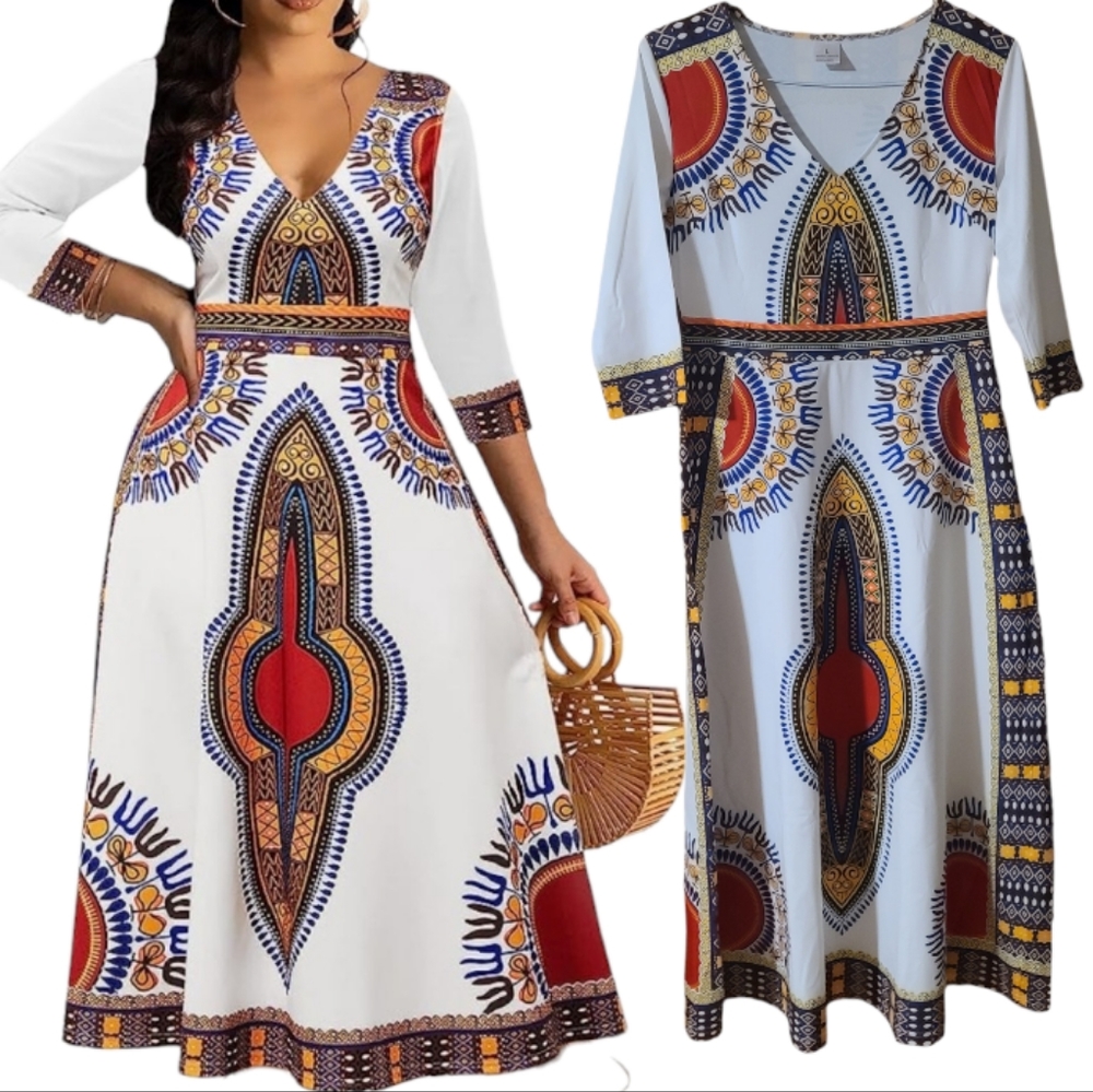 Gorgeous Multicolored Stretchy Ankara Print Maxi Dress With 3/4 Sleeve - Picture 2 of 12